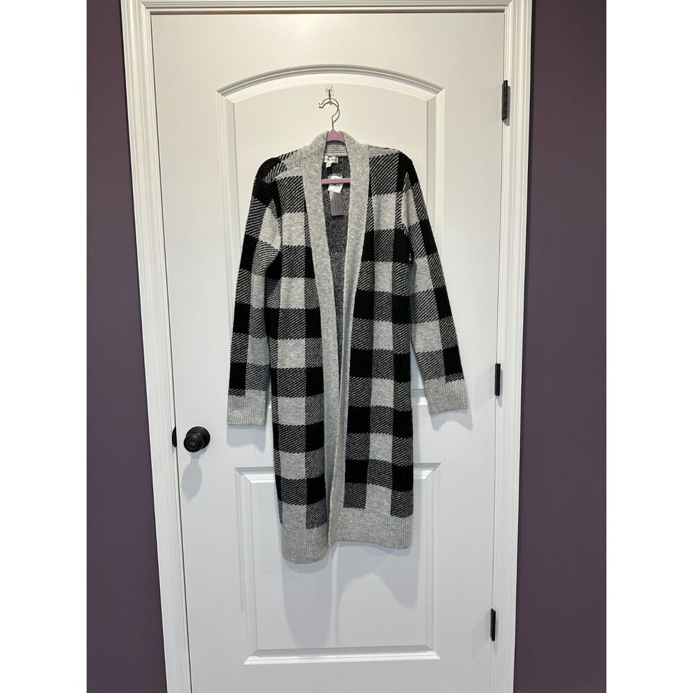 NWT Neiman Marcus Gray Black Buffalo Plaid Open Front Cardigan Size Medium